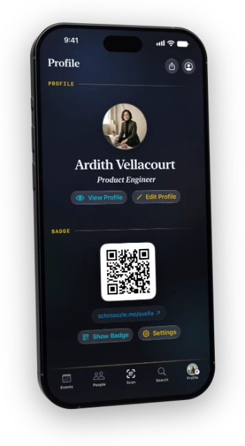 Schmoozle app profile and badge on iPhone